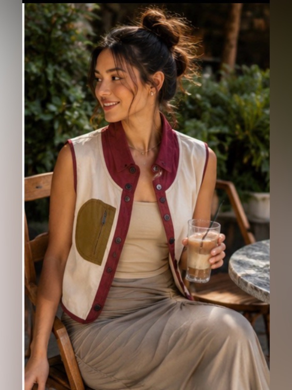FP Movement by Free People Cream Vest with Burgundy Trim and Olive Patch
